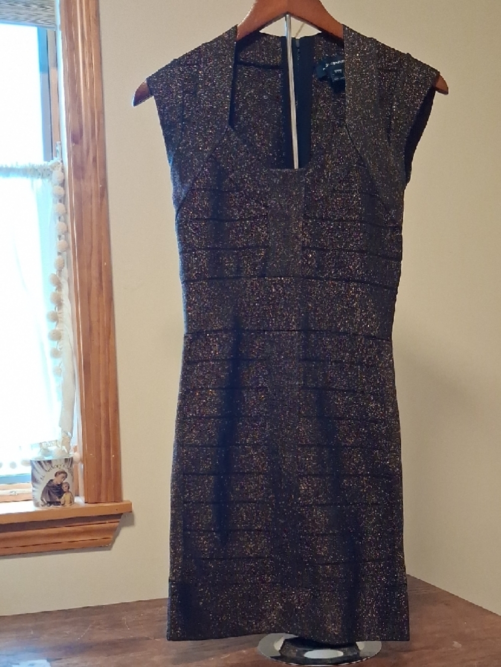 French Connection Black and Gold Sparkle Midi Dress